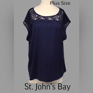 St. John’s Bay‎ Plus Size Lace Yoke Top, Dark Blue, Size 2X